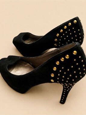 Moda Spana Black Suede Peep-Toe Heels with Gold Studs